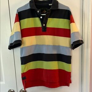 Orvis men M Rugby color block collar short sleeve polo shirt stripes Long tail
